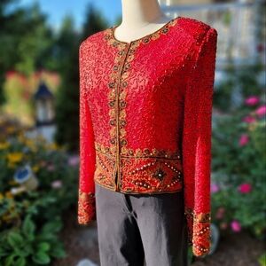 LAURENCE KAZAR ♡ Vintage Red Silk Lined Black|Gold Intricately Beaded Jacket M